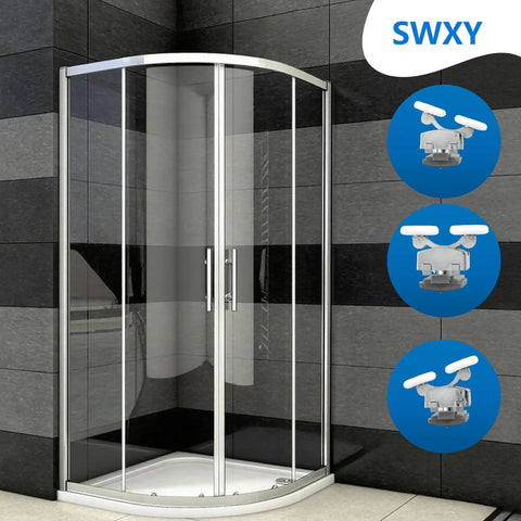 8 Piece Shower Door Roller Set with 23mm Aluminum Alloy Rollers shown on curved glass shower doors, featuring anti-collision blocks.