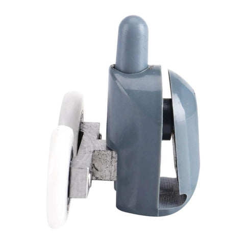 Side view of Curved Glass Shower Door Rollers 8PCS Twin Top and Bottom Double Wheel Runners, gray case and white wheels visible.