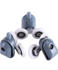 Curved Glass Shower Door Rollers 8PCS Twin Top and Bottom Double Wheel Runners for bathroom sliding doors, view of three rollers with wheels.