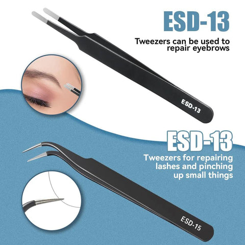 ESD-13 tweezers from Six Piece Precision Tweezers Set With Anti Static Stainless Steel Construction for detailed work.