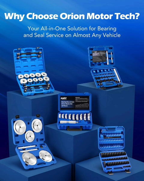 52-in-1 Custom Bushing Driver Tool Set and Transmission Wheel Axle Bearing Race Seal Installer Remover kits displayed on pedestals