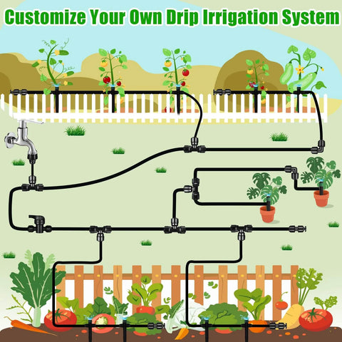 Illustration of a drip irrigation system setup with 1/4 inch tubing, connectors, and end plugs for garden plant hydration layout.