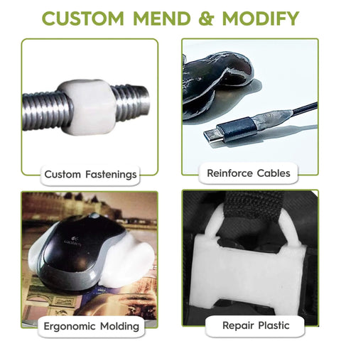 Custom mending using moldable plastic pellets for cosplay and hobbyist crafting and repairs, showing fastening and cable reinforcement.