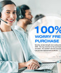 Customer service representative in a call center promoting 100% worry-free purchase warranty and satisfaction guarantee