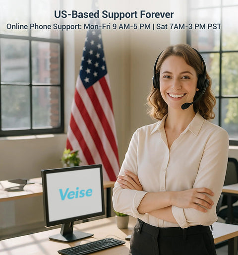 Customer support representative with headset in an office, American flag in background, Veise software on computer screen
