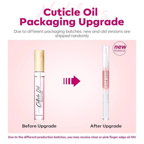 Actualización del envase del aceite para cutículas de Modelones: se muestran las versiones nueva y antigua en el kit de eliminación de cutículas con crema, empujador de cutículas, cortauñas y alicates, un set Piece manicura Piece 7 Piece para Piece doméstico.