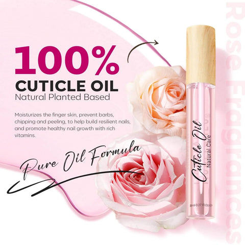 Frasco de aceite para cutículas con aroma a rosas y decorado con flores, que destaca sus ingredientes 100 % naturales y sus beneficios para la salud de las uñas y el cuidado de la piel.