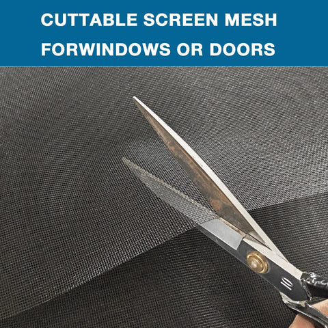 Scissors cutting black mesh from Adjustable Fiberglass Window Screen Mesh Kit 48x102 Inches For Patio Porch Doors And Windows DIY Replacement.