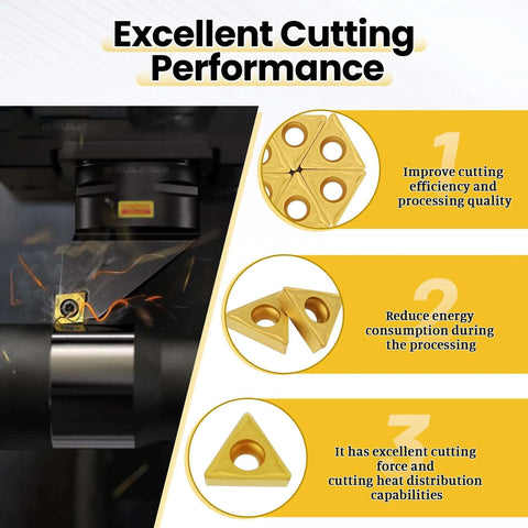 Premium Carbide Turning Inserts for Steel and Stainless by Zorqon, CVD coated, shown with cutting efficiency features