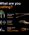 Illustration showing tools for cutting: loppers for tree branches, pruners for branches, shears for flowers; includes text 'What are you cutting?'