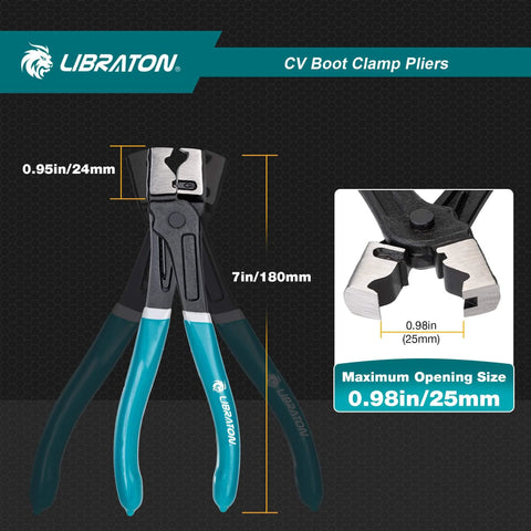 CV Boot Clamp Pliers For Clic And Clic-R Clamps 7 Inch Heavy Duty Spring Loaded Hose Clamp Tool, teal handles, black jaws.