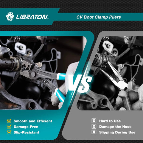 CV Boot Clamp Pliers For Clic And Clic-R Clamps 7 Inch Heavy Duty Spring Loaded Hose Clamp Tool shown in use on engine