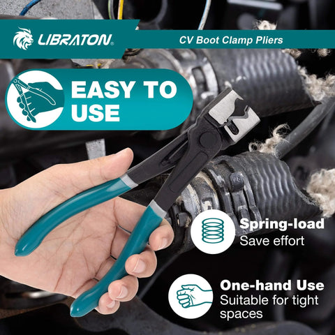 Person holding 7-inch CV Boot Clamp Pliers for Clic and Clic-R clamps near engine bay, showcasing easy handling feature.