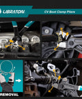 CV Boot Clamp Pliers For Clic And Clic-R Clamps 7 Inch Heavy Duty Spring Loaded Hose Clamp Tool For Quick Removal And Installation shown in use on hose clamps.