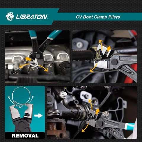 CV Boot Clamp Pliers For Clic And Clic-R Clamps 7 Inch Heavy Duty Spring Loaded Hose Clamp Tool For Quick Removal And Installation shown in use on hose clamps.