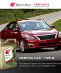 Red Nissan with Idemitsu CVT Type N NS2 Transmission Fluid 5 Qt bottle, designed for high torque CVTs with anti shudder performance.