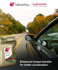 Driving scene with CVT Type N NS2 Transmission Fluid For Nissan 5 Qt Bottle; enhanced torque transfer text displayed.