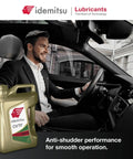 Man driving a car with Idemitsu CVTF bottle, showcasing CVT Type N NS2 Transmission Fluid for Nissan Rides and Rigs 5 Qt Bottle.