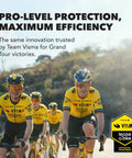 Cyclists wearing yellow Team Visma jerseys riding bikes in a group on a road with trees in the background.