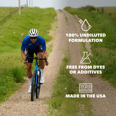 Cyclist on gravel road using 100% undiluted, dye-free, Made in USA bike grease.