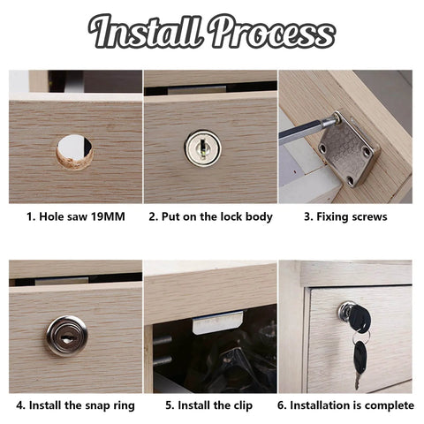 Installation process of alloy cylinder drawer lock for office cabinets and desks with two keys, 19mm hole, black finish.