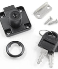 Alloy Cylinder Drawer Lock For Office Cabinets And Desks With Two Keys 19mm Hole Diameter Durable Cold Rolled Steel Black Finish Easy Locking And Secure Ideal for Home or Office, shown dismantled with keys and screws.