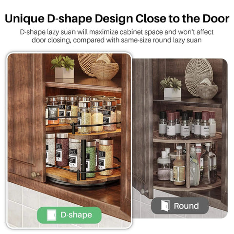 12 Inch D Shaped Lazy Susan Spice Rack Organizer in cabinet, height adjustable, shows rotating wood turntable for space-saving access.