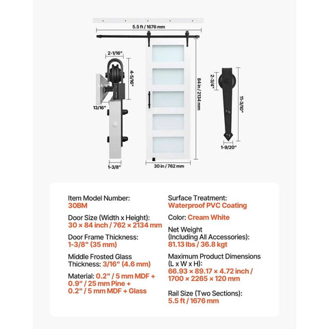 Sliding Barn Door 30 x 84 Inch With Glass Panel, Durable MDF Construction, Includes Hardware Kit, Water-Resistant PVC Finish
