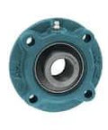 Front view of Single Set Screw Piloted Flange 3-7/16 in (55 mm) Medium Duty Ball Bearing Mount for Shafts, circular design, blue casing.