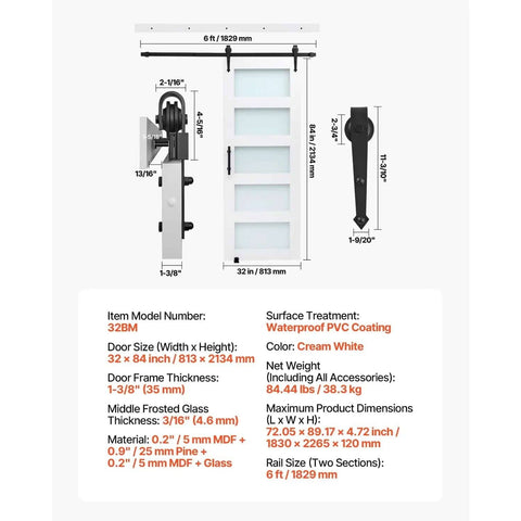 Sliding Barn Door 32x84 Modern Farmhouse Vibe With Glass Panel And MDF Core Includes Hardware Kit Water Resistant PVC Coating Easy Install H Frame Smooth Glide For Living Spaces