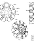 Technical diagram of DAAFGEREPV Double Omnidirectional Wheel, 4 Inch 100mm, Competition Wheel, 14041 with dimensions.
