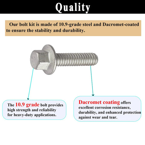 12 Piece Exhaust Manifold Header Bolt Kit For LS Series Engines LS1 LS2 LS3 LSX LT showing Grade 10.9 steel bolt with Dacromet coating.