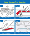 Instructions for using Heavy Duty Double Sided Tape With Automotive Grade Bond, Waterproof Foam Mounting Tape 0.98 Inch By 18 Feet, 0.03 Inch Thick, Ten Adhesion Promoters, Ultra Strong Adhesive For LED Strips, Car Trim, Walls, Home, Office And Outdoor Decor, showing four steps: cleaning surface, cutting tape, peeling liner, and pressing firmly.