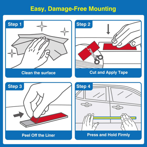 Instructions for using Heavy Duty Double Sided Tape With Automotive Grade Bond, Waterproof Foam Mounting Tape 0.98 Inch By 18 Feet, 0.03 Inch Thick, Ten Adhesion Promoters, Ultra Strong Adhesive For LED Strips, Car Trim, Walls, Home, Office And Outdoor Decor, showing four steps: cleaning surface, cutting tape, peeling liner, and pressing firmly.
