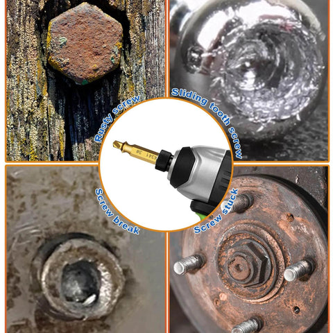 Damaged Screw Extractor Set, 9 PCS Titanium Drill Bit Bolt Extractor Kit for removing rusty, stripped, and broken screws.