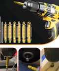 Damaged Screw Extractor Set, 9 PCS Titanium Drill Bit Bolt Extractor Kit displayed with drill and usage examples