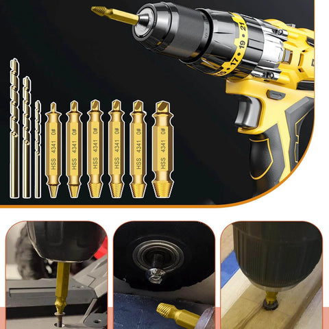 Damaged Screw Extractor Set, 9 PCS Titanium Drill Bit Bolt Extractor Kit displayed with drill and usage examples