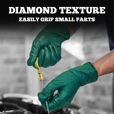 Heavy Duty Nitrile Gloves 6 Mil Dark Green Diamond Texture Mechanic Latex Free gripping tool