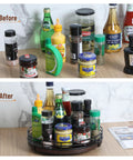 Before and after image showing spices on a 12 Inch Dark Mahogany Lazy Susan Turntable Organizer with Black Metal Frame For Tabletop.