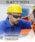 Worker wearing Dark Tinted Safety Glasses 24 Pack ANSI Z87 UV Eye Protection For Construction while operating machinery.