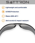 Front view of dark tinted safety glasses with ANSI Z87 UV400 protection for construction, showing lightweight and impact resistance features.