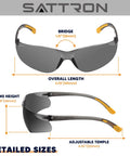 Dark Tinted Safety Glasses 24 Pack ANSI Z87 UV Eye Protection For Construction showing dimensions and adjustable features