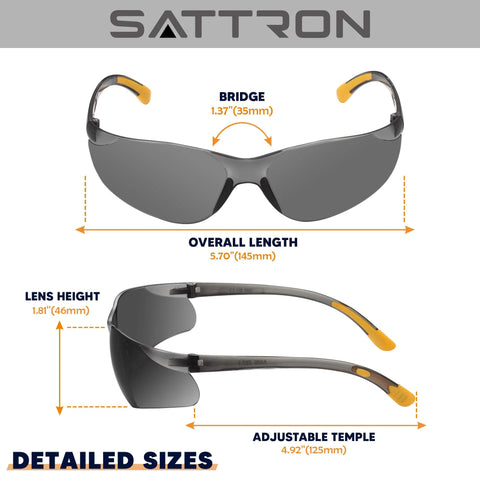 Dark Tinted Safety Glasses 24 Pack ANSI Z87 UV Eye Protection For Construction showing dimensions and adjustable features