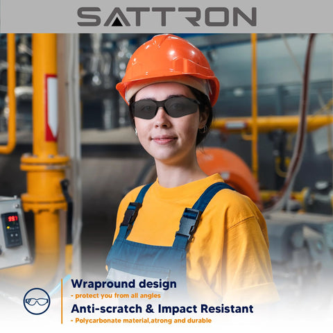 Worker wearing Dark Tinted Safety Glasses 24 Pack ANSI Z87 UV Eye Protection For Construction in industrial setting