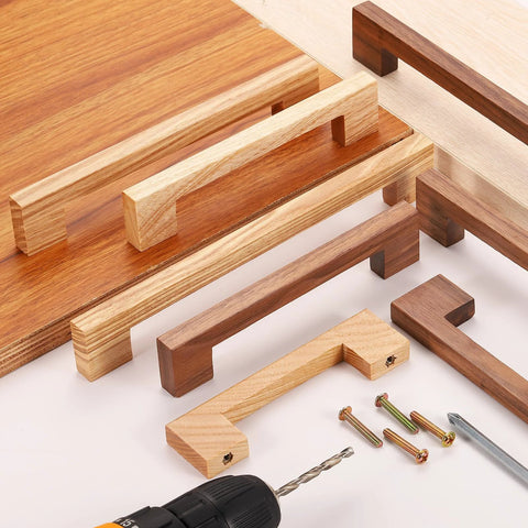 Eight Piece Solid Wood Drawer Pulls With Screws In Dark Walnut Finish 4 Inch Hole Center Square Cabinet Handles For Kitchen Cabinets Dressers Wardrobes And Cupboards 96mm Center To Center 120x12x32mm displayed with drill and screws on wooden surface