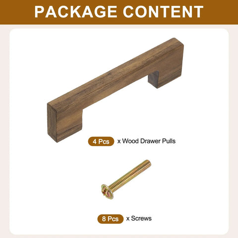 Package contents of Eight Piece Solid Wood Drawer Pulls With Screws In Dark Walnut Finish showing handle and screws