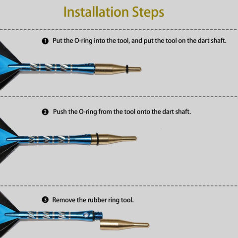 Three-step installation guide for 100 Pack Dart Shaft O Rings Non Slip Rubber O Rings for Metal Shafts Dart Accessories Kit Black.