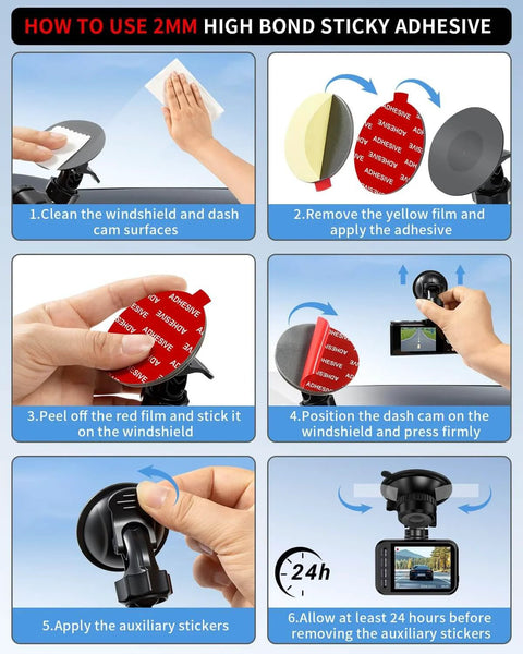 Instructions for using Six Pack Dash Cam Adhesive Pads Set For Mounting Heat Resistant Double Sided Tape Squares And Rounds.