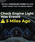 Car dashboard showing speedometer with warning text overlay about concealed codes and check engine light.