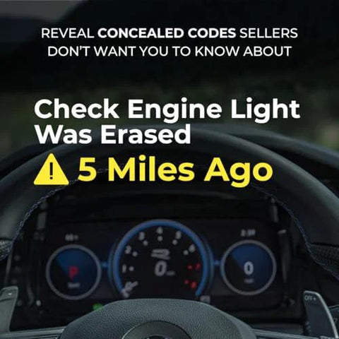 Car dashboard showing speedometer with warning text overlay about concealed codes and check engine light.